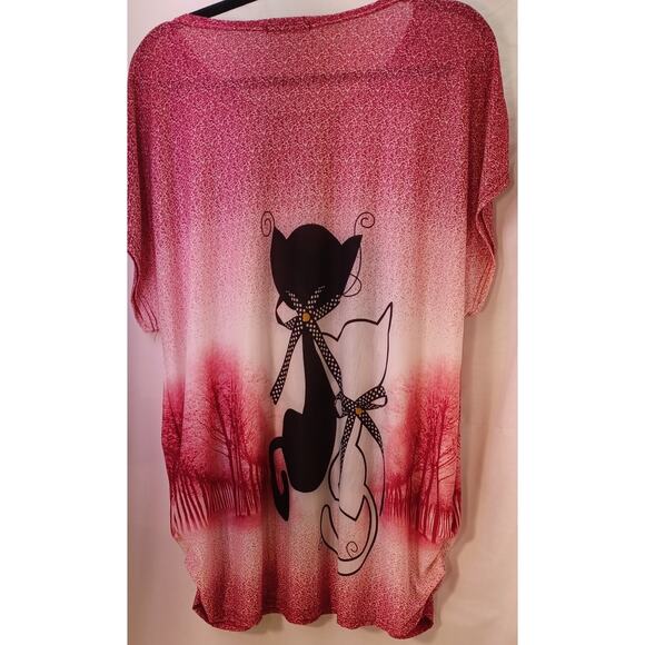 Womens Y2K Red Ombre Flowy Top with Rhinestone Cat Design One Size Whimsical Fun - Picture 4 of 6